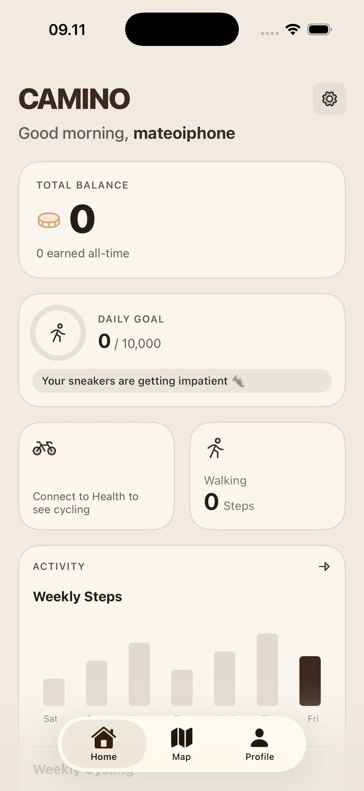 The Camino home screen on iOS: coin balance, daily step goal and weekly activity.