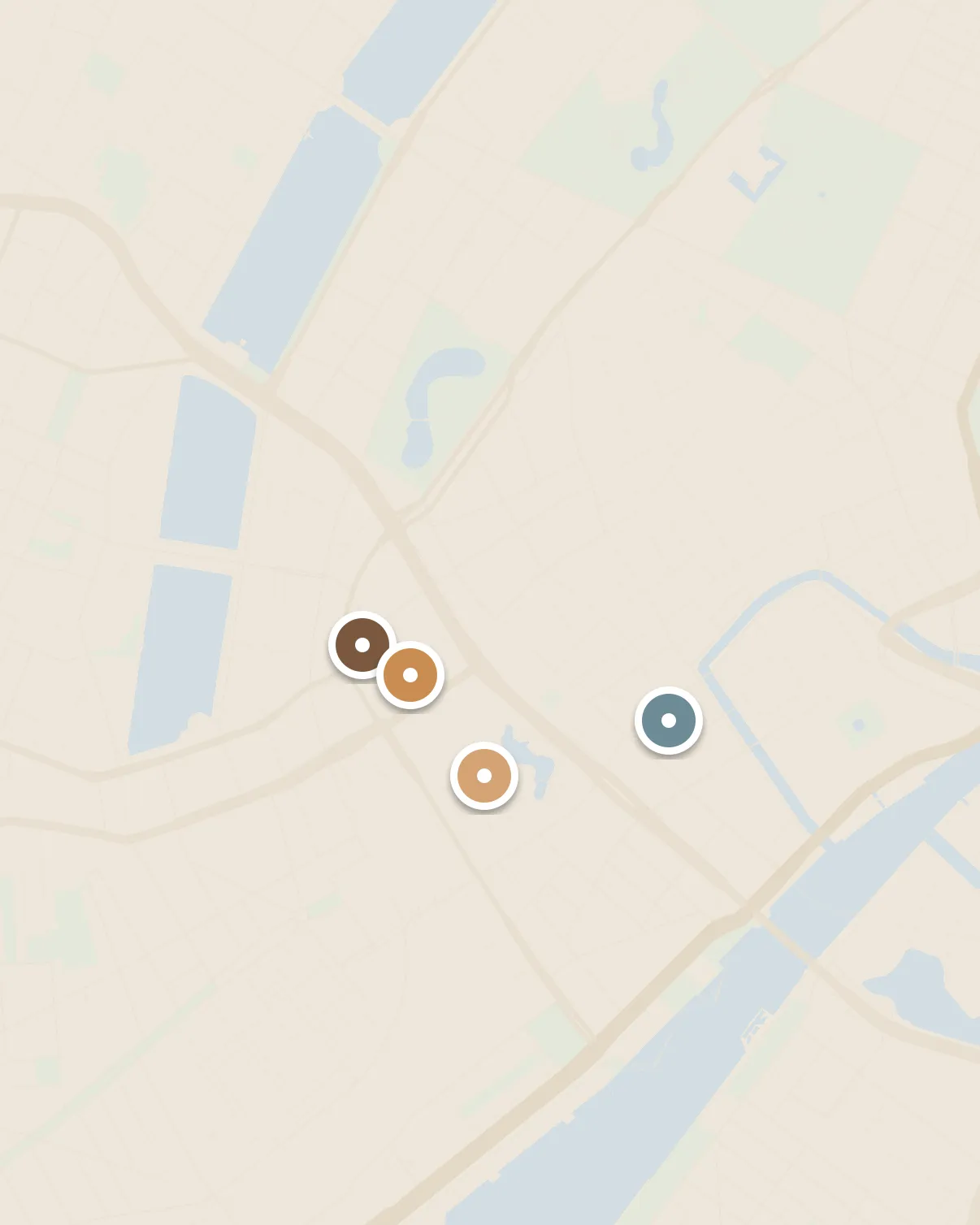 Camino's in-app map of central Copenhagen, with partner pins in the city centre.