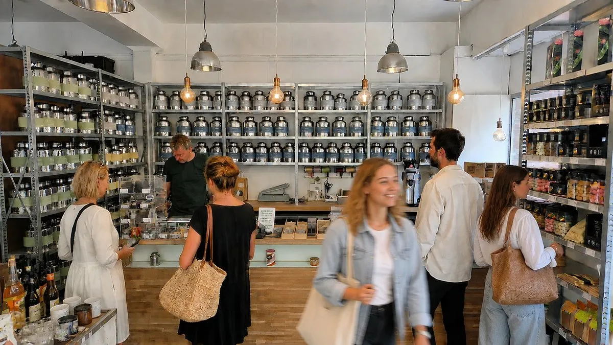 Inside TeSelskabet: walls of steel tea tins under pendant lamps, with customers browsing the shelves