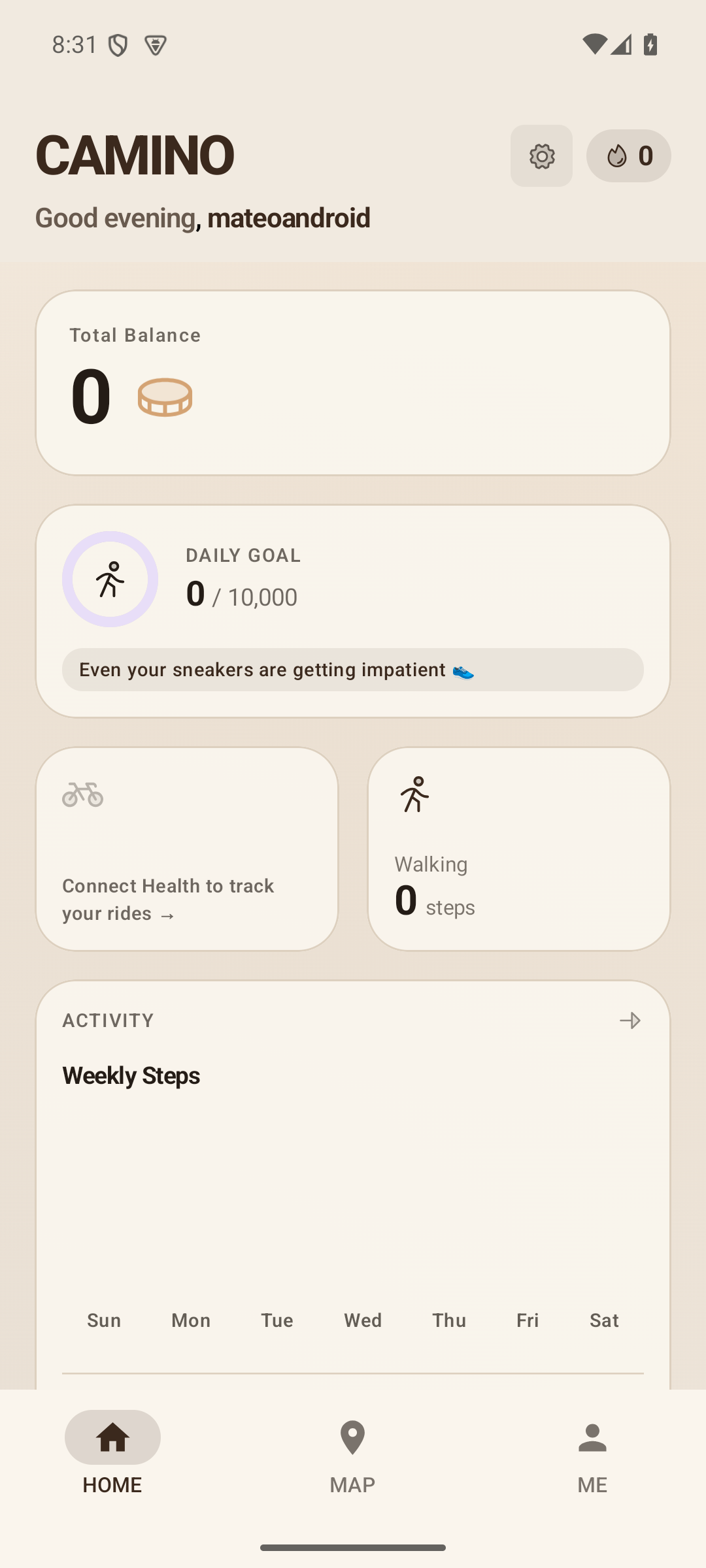 Camino Android native application showing Material 3 dashboard, steps, and activity tracking