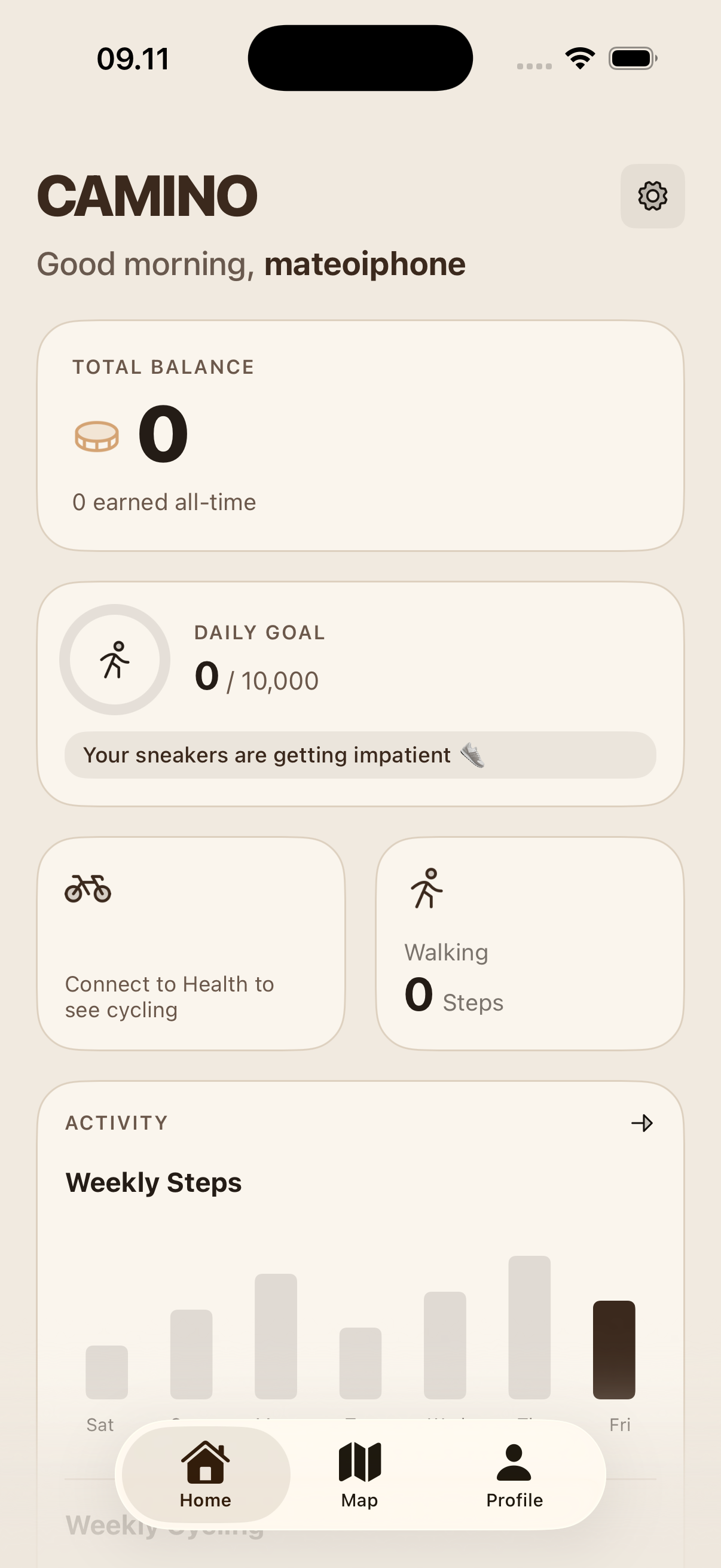Camino iOS native application showing steps, balance, and cycling dashboard